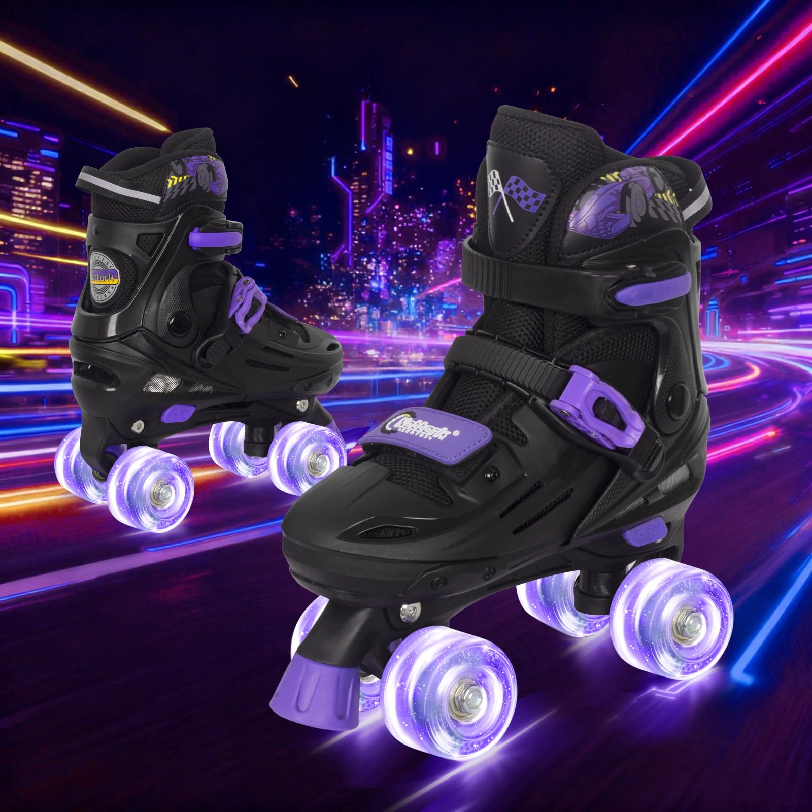 Nattork Rollschuhe Kinder, Verstellbare Rollschuhe für Kinder Jungen Mädchen, 4 Größen Verstellbar und LED Rollschuhe, Rennwagen Roller Skates Geschenkidee für Geburtstage