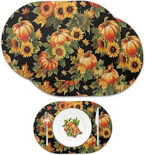 Manteles individuales ovalados de calabaza, lavables, resistentes al calor, antideslizantes, 12 x 18 pulgadas, para comedor, cocina, cena,