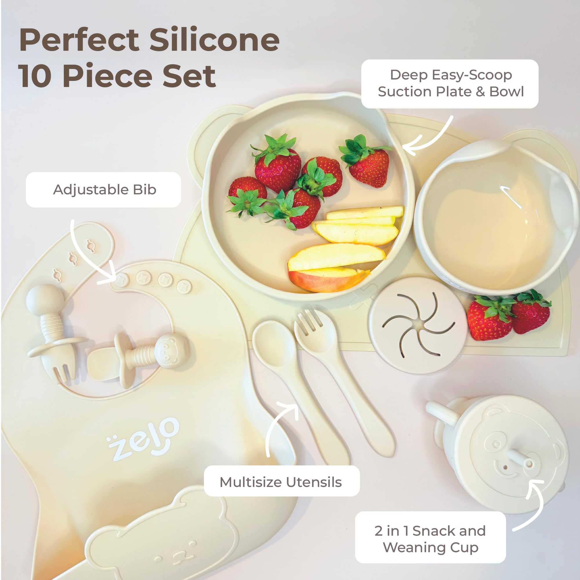ŻELO 10-Piece Beige Baby Weaning Set/Baby Feeding Set, BPA-Free Silicone with Strong Suction Bowl & Plate, Straw Cup, Bib - Image 2