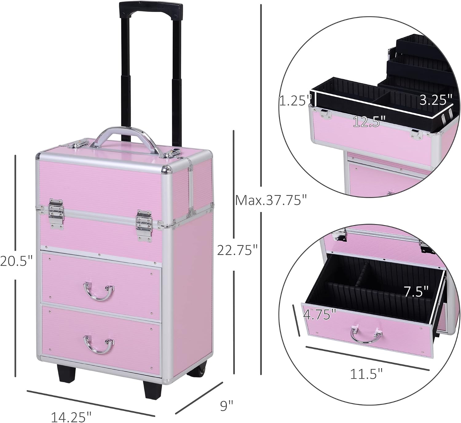 Large Professional Vertical Rolling Makeup Train Case - Bubblegum Pink