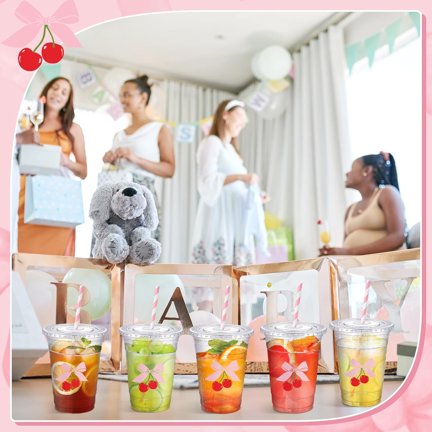 Sliner 50 Pcs 16 oz Coquette Disposable Plastic Cups with Straw for Party Supplies Bow Cups Birthday Wedding Bridal Engagement Party Drinkware Baby Shower Decoration (Cherry Bow)