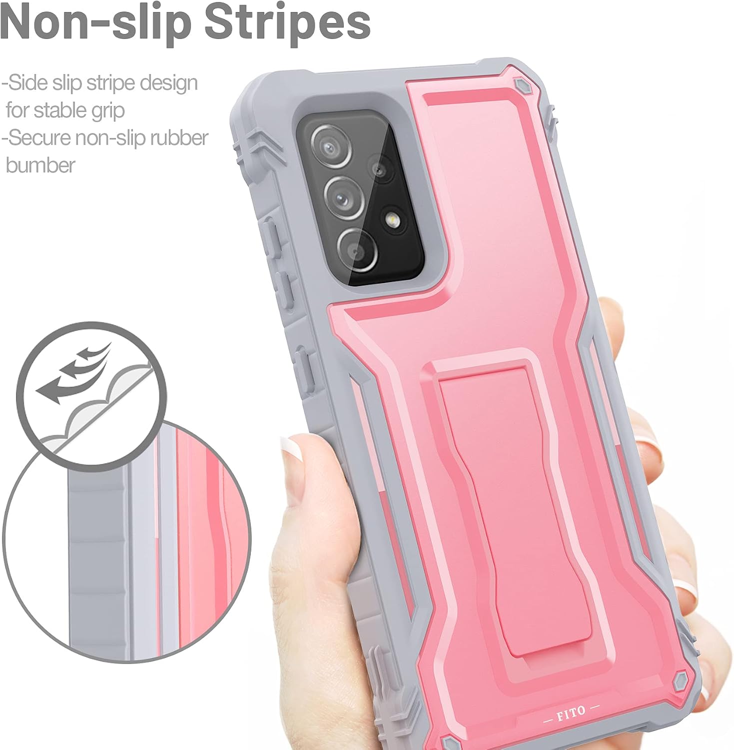 FITO Samsung A52 Case Built in Screen Protector, Dual Layer Shockproof Heavy Duty Case with Kickstand Compatible with Samsung Galaxy A52 Phone (Pink)