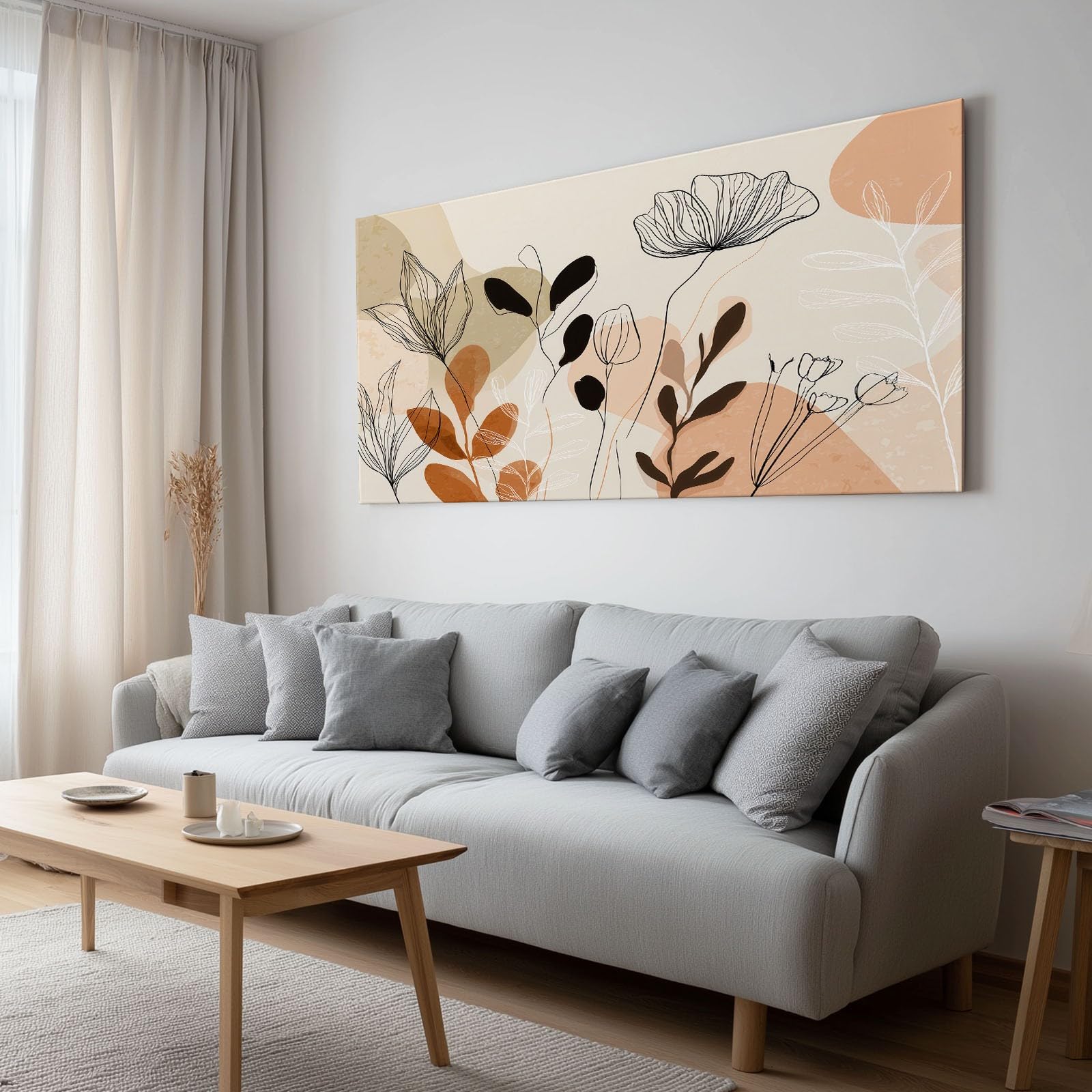 Generisch Bohème Botanisch Floral Modernes Leinwandbild 140L x 70B cm mit Rahmen, Minimalistisch XXL Wanddeko für Wohnzimmer Geschenk Idee Einzug - Hochwertiger Kunstdruck auf Holzrahmen