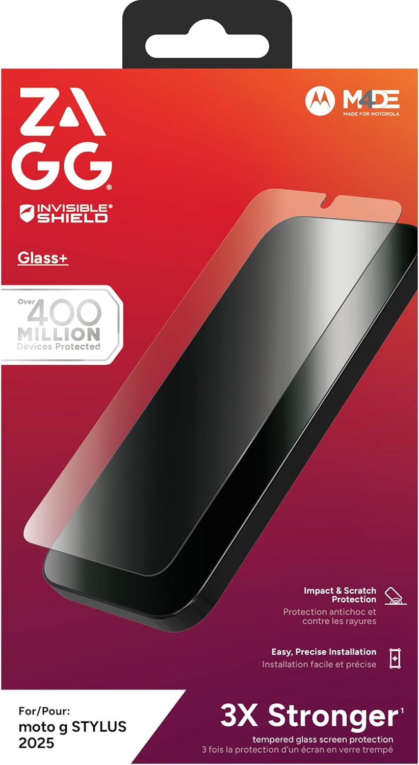 ZAGG Glass+ Motorola Moto g STYLUS 2026/ 2025 Screen Protector – Extreme Impact & Shatter Protection, Scratch-Resistant, Smudge-Resistant, Fingerprint Scanner Compatible, InvisibleShield, Easy Installation