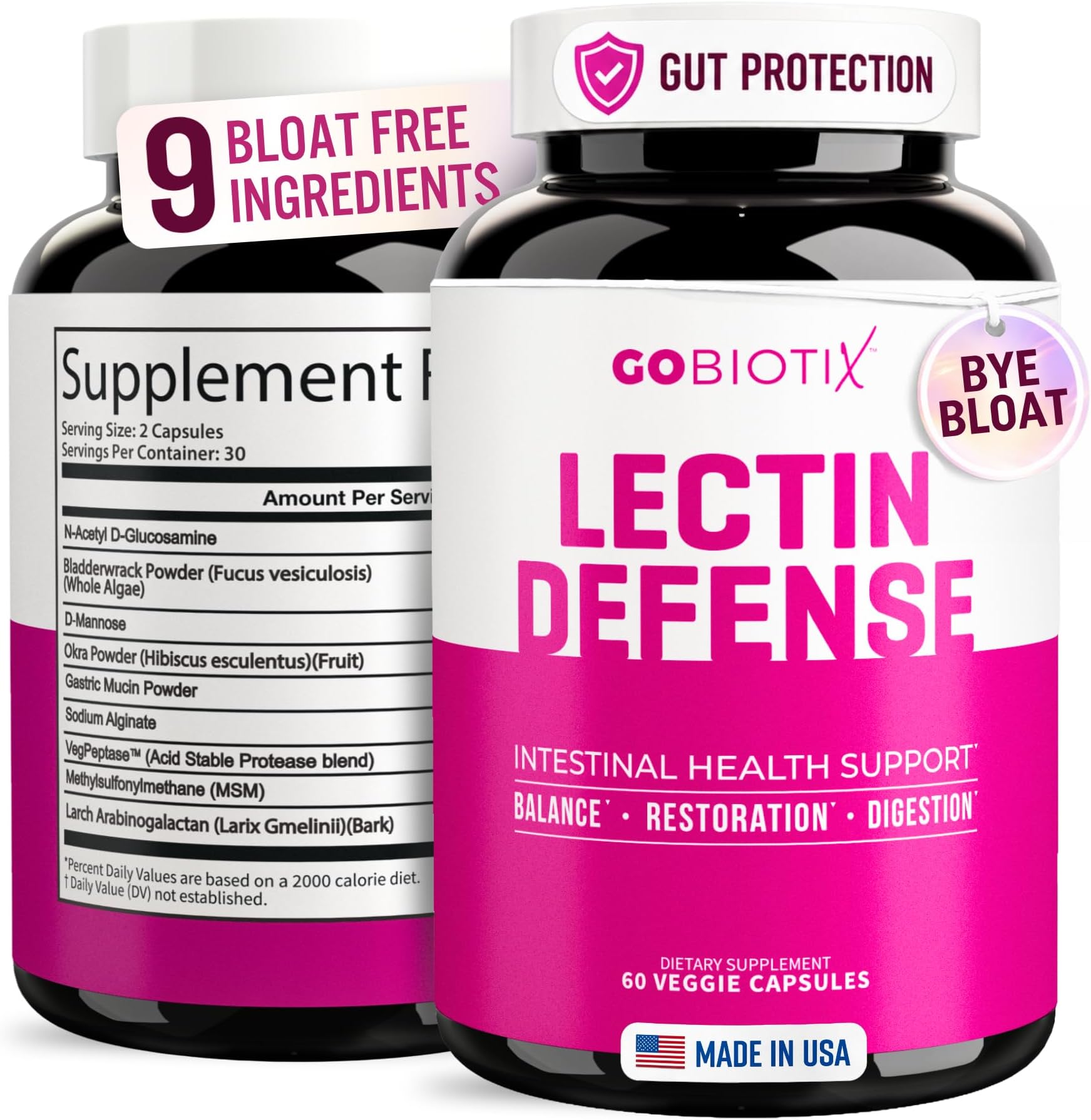 GOBIOTIX Lectin Defense - Lectin Blocker Supplement for Leaky Gut with MSM and Digestive Enzymes - Aids in Intestinal Health for Women and Men - Non-GMO + Gluten Free - 60 Capsules (1)
