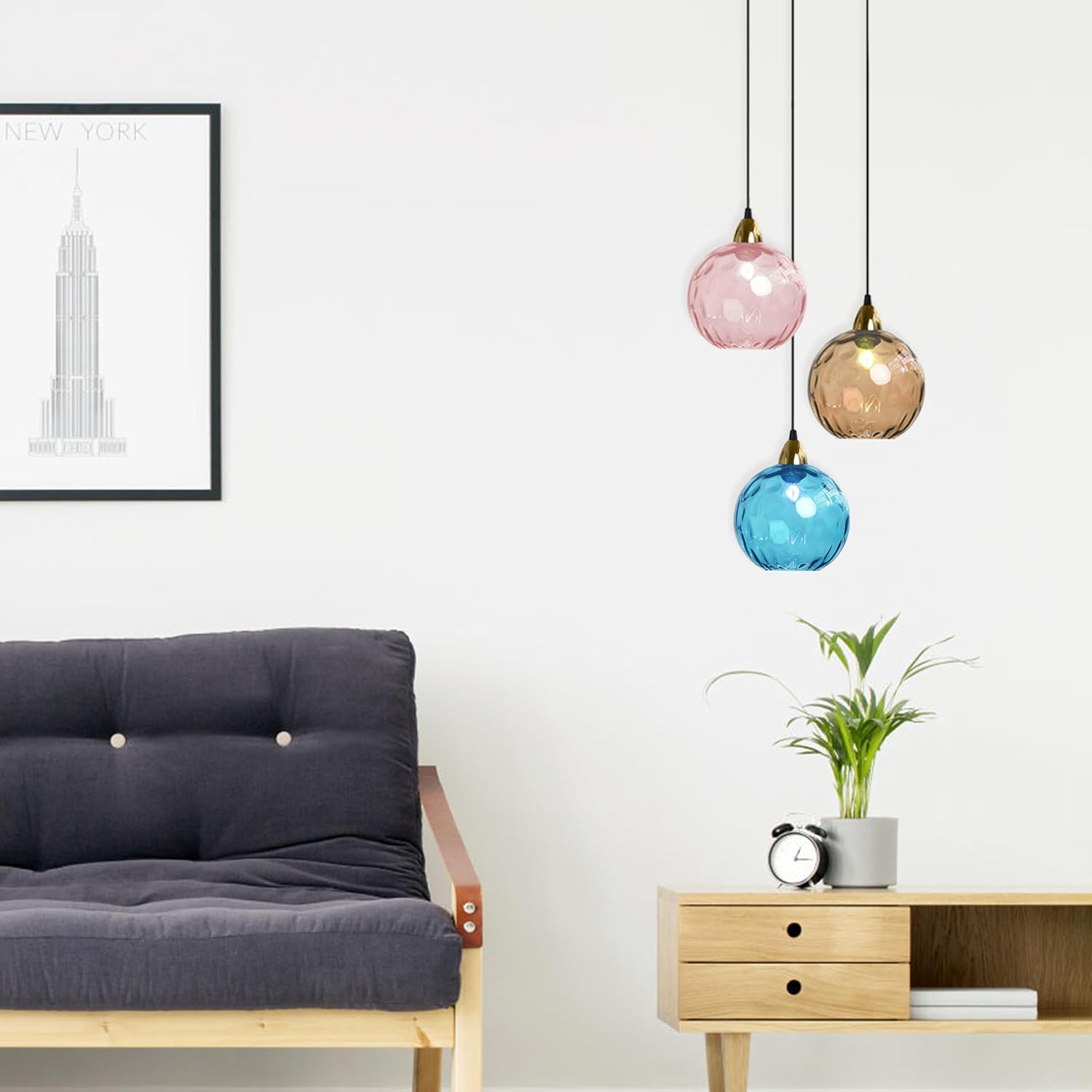 15cm/5.9’’ Industrial Vintage Spherical Glass Pendant Light, E26 Ceiling Hanging Lamp, Gold Finish & Ripple Glass Globe Shade, Dining Room Bedroom Chandelier (Amber)