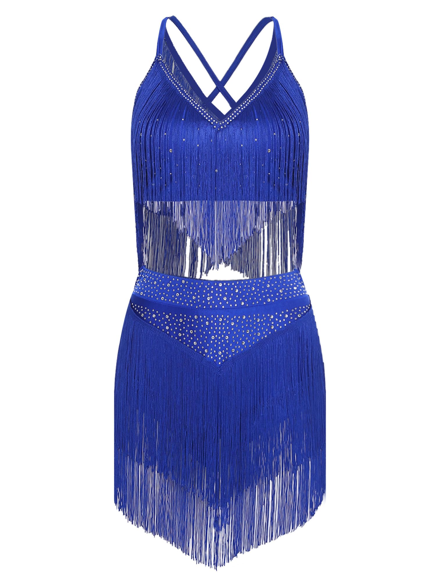 ranrann Tenue Danse Latine Femme Strass à Franges Ensemble Haut et Jupe Danse Samba Rumba Jazz Costume
