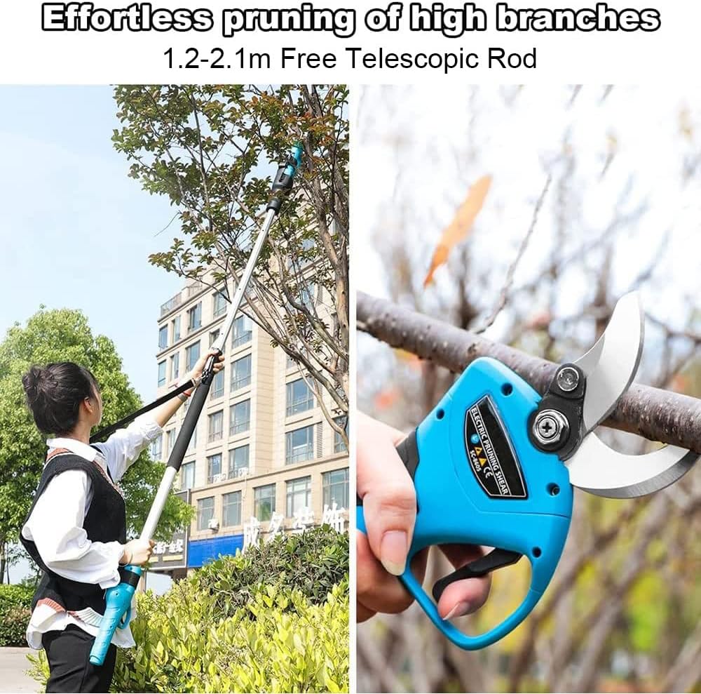 Electric Pruning Shears, Cordless Pruner with Extension Pole, 2 Pack Lithium Battery, SK5 Blades, 40mm Cutting Diameter, for Orchard and Garden