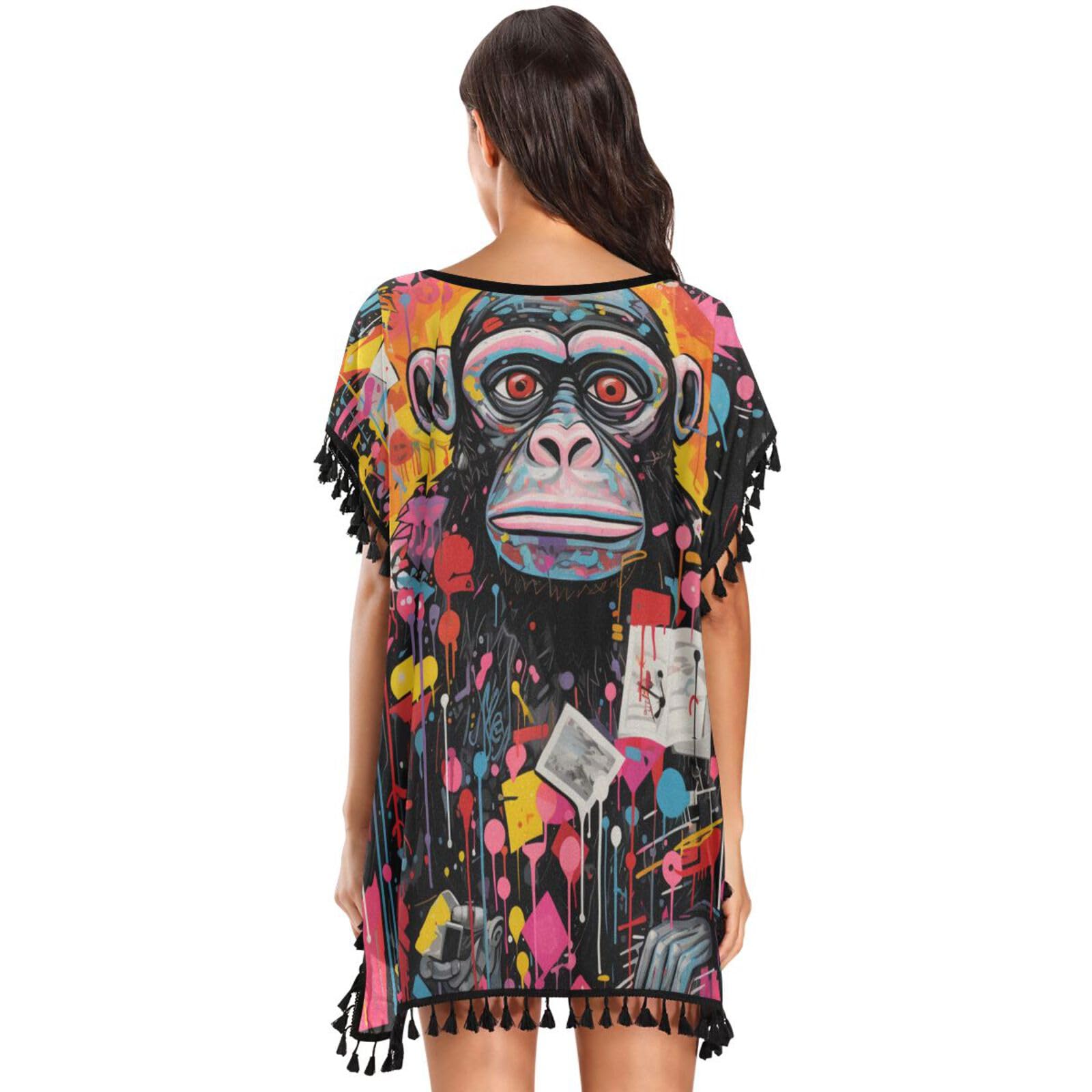 KAAVIYO Watercolor Chimpanzee Orangutan Women's Beach Cover Up Chiffon Tassel Swimwear Swimsuit Coverups for Girl