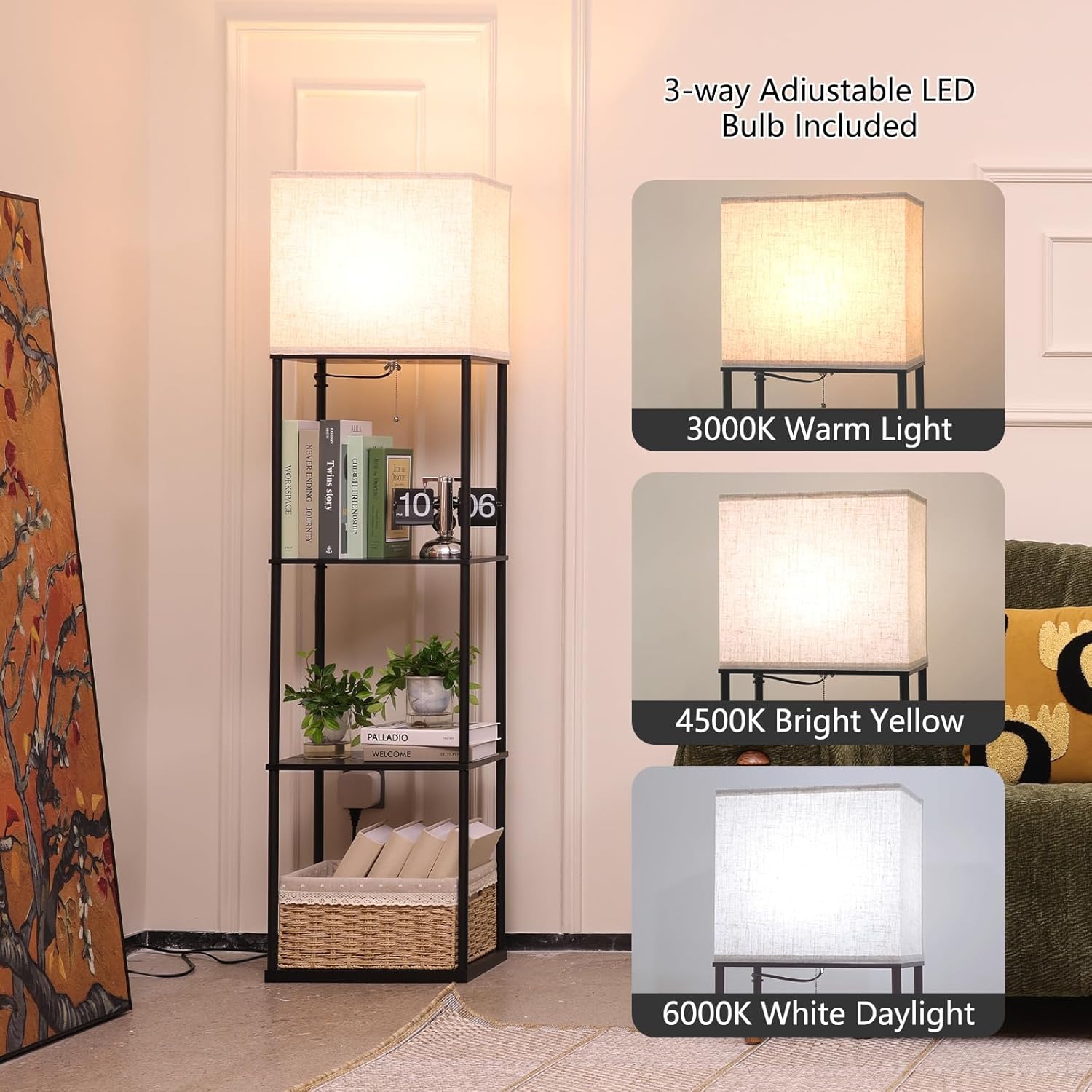 Gupuzm Floor Lamp with Shelves, Large Size Rectangle Standing Lamp with 3 Color Temperature Bulb, Corner Display Bookshelf Lamp for Living Room, Bedroom and Office (Black-9)