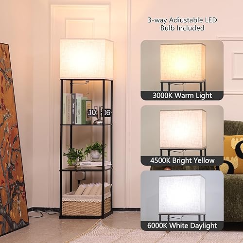 Miniatura 2 de Lámpara de pie con estantes, lámpara de pie rectangular de gran tamaño con bombilla de temperatura de 3 colores, lámpara de estantería de exhibición