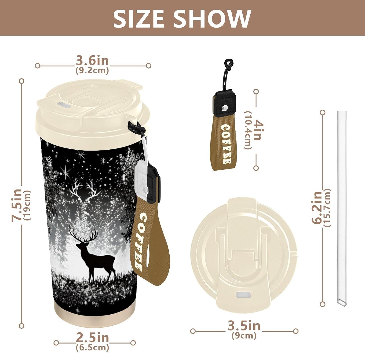 Deer Tree Black White Insulated Coffee Mug with Straw & Flip Lid, 16.9oz Iced Tumbler Cup, Double Wall Vacuum Leak-Proof Mug for Travel Office