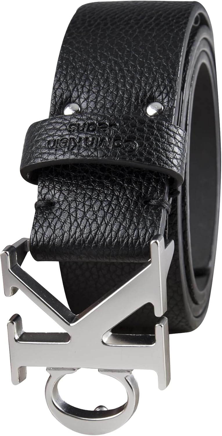 Calvin Klein Men’s CK Monogram Cut Out Buckle Belt – Casual Belt for Jeans & Everyday Wear