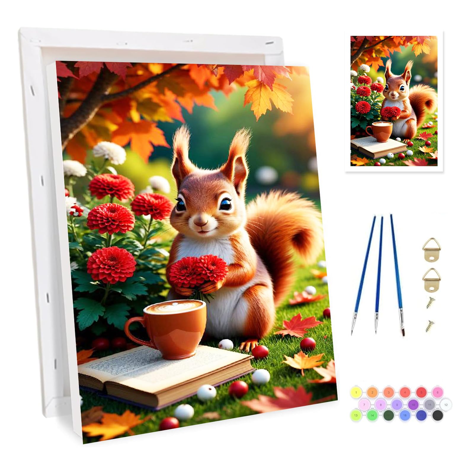 Bowetile Easter Flower Framed Paint by Numbers for Adults, Squirrel Painting by Numbers Kit for Adults Beginners Canvas Kit, DIY Color Oil Painting Acrylic Paints for Home Wall Decor 20x30cm
