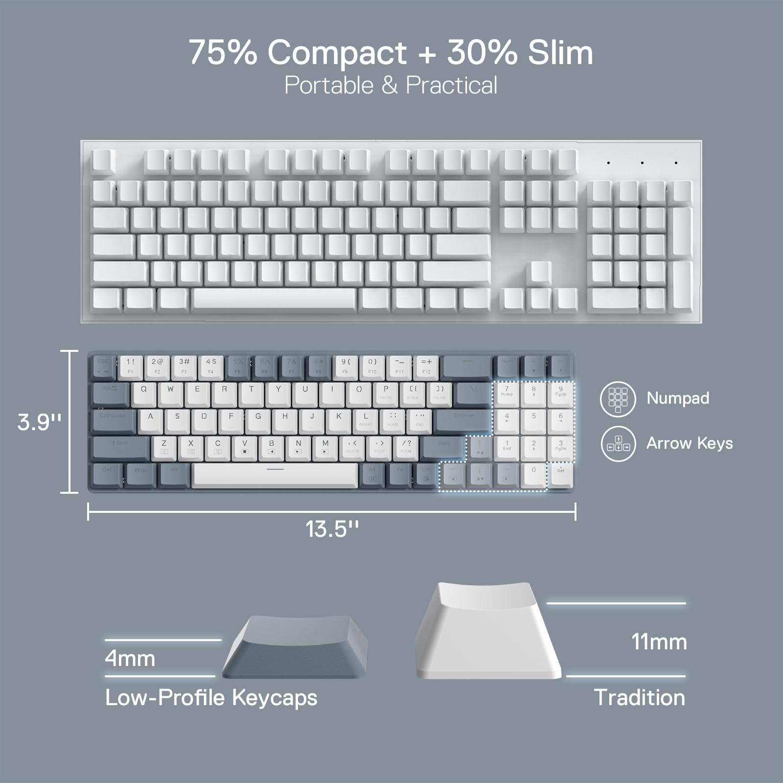 Redragon BS135 Kabellose Tastatur- und Mauskombination, 75% 78 Tasten 2,4 GHz mechanische Tastatur mit niedrigem Profil, wiederaufladbare Batterie, blaues Schwarzlicht, ergonomische Maus mit 2400 DPI