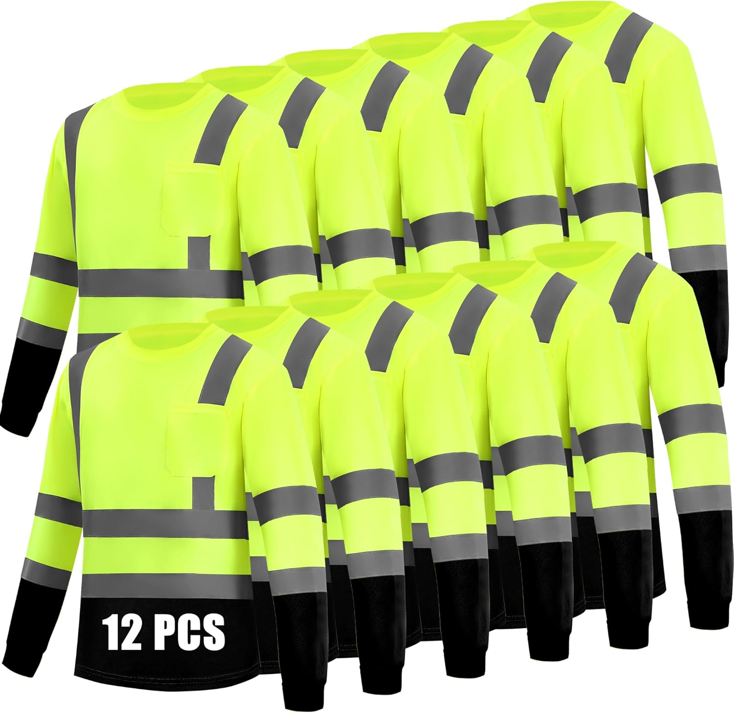 Hi Vis Long Sleeve Reflective T Shirts Safety Work Shirts Black Bottom Fast Dry for Men 12PCS