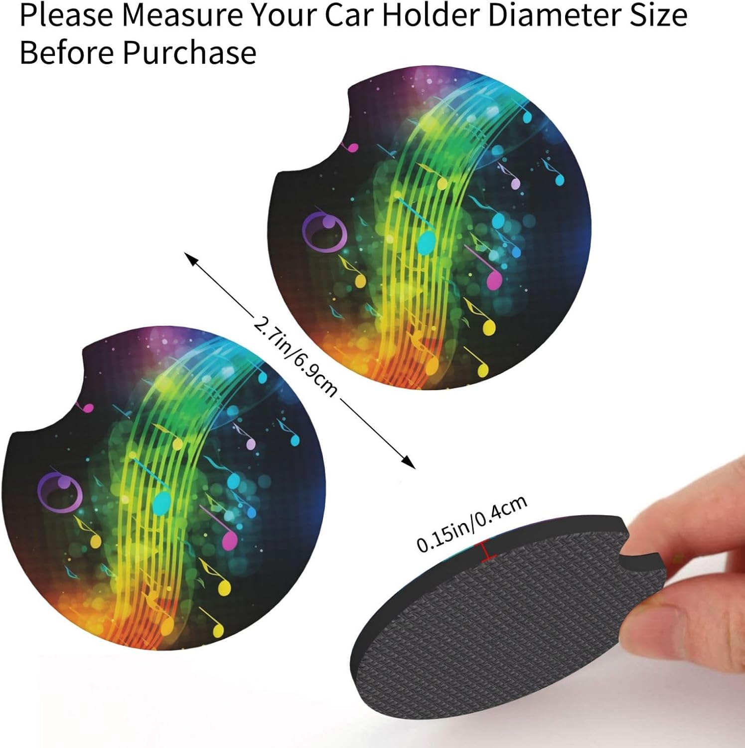 Car Coasters 2 Pack Colorful Music Notes Car Cup Holder Coasters Absorbent Insert Cup Pads with A Finger Notch Non-Slip Drink Coasters Mats Universal Car Interior Accessories for Most Vehicle image 2