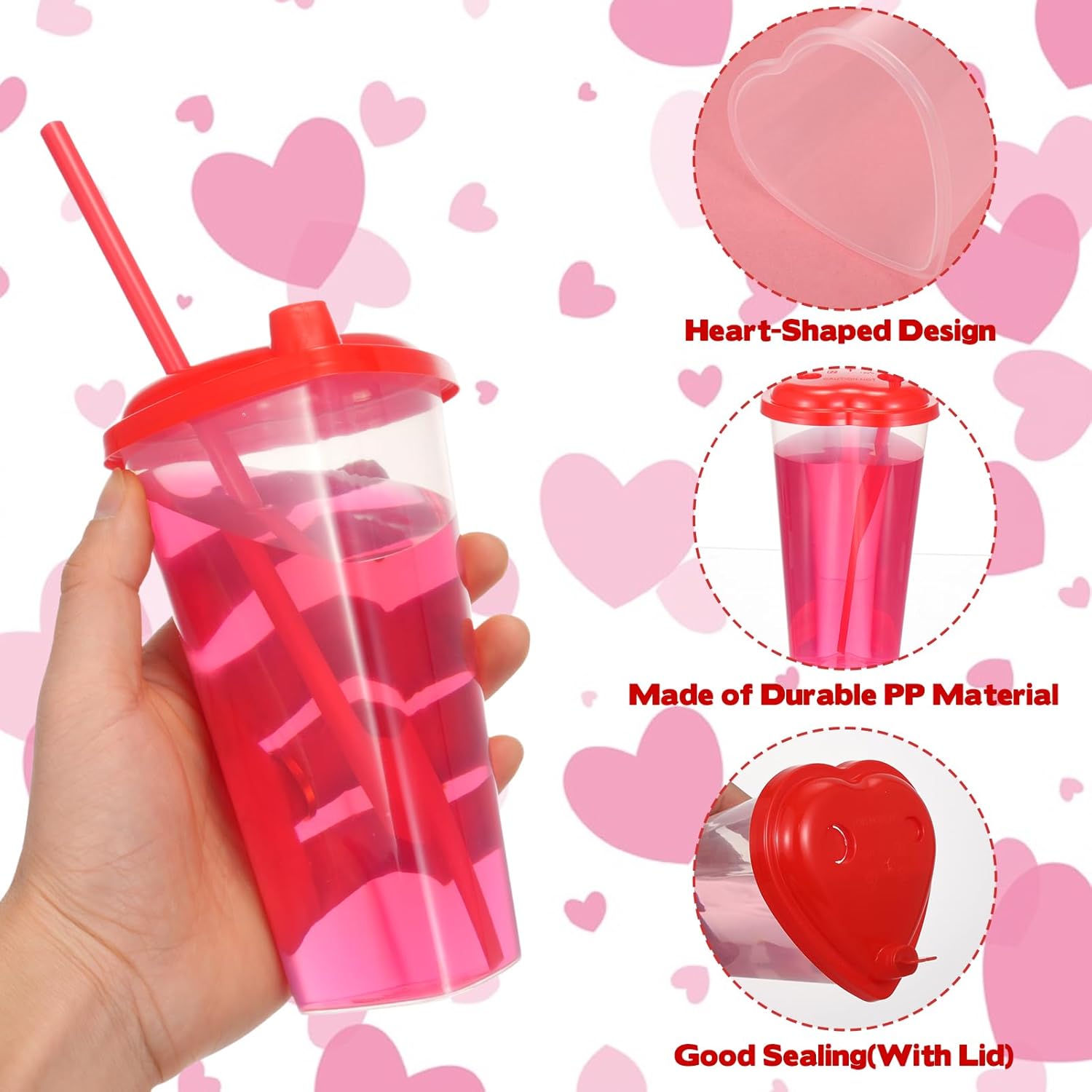 50 Set Heart Shaped Plastic Cups with Lids & Red Straws - 15oz Disposable Clear Cups Transparent Heart Cup for Valentine's Day, Birthday, Wedding, Baby Shower Party Supplies