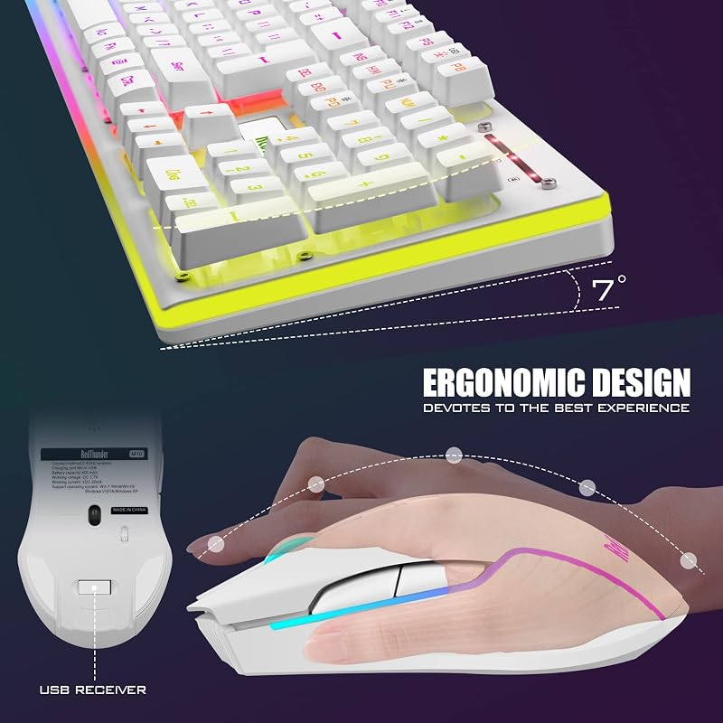 RedThunder K10 Vezeték Nélküli Gamer Billentyűzet és Egér Szett - Háttérvilágítás, AZERTY, Újratölthető, 3200DPI, PC/PS5/Xbox Kompatibilis,