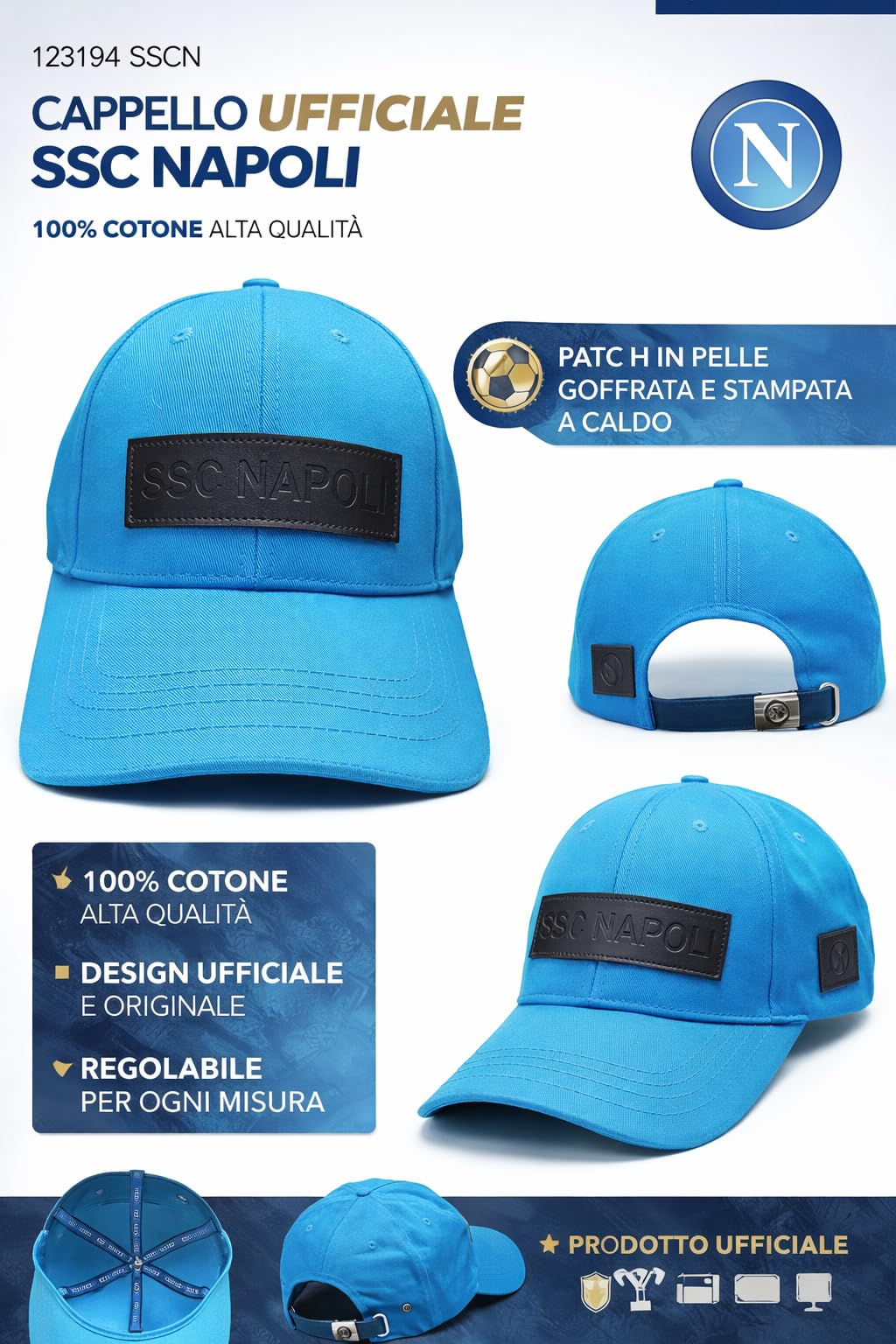 Generico Kit chapeau avec visière Naples et drapeau du stade grand 100 x 150, produit officiel, casquette casquette casquette homme, femme, garçon, avec boucle réglable, cadeau fan Scudetto Napoli