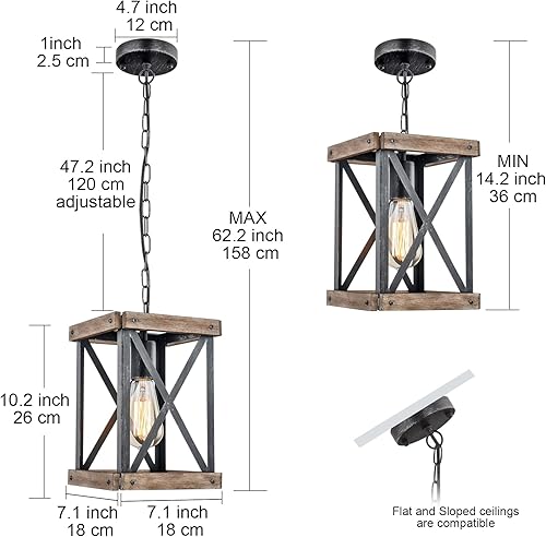 Miniatura 6 de wochos Lámpara colgante de granja, lámpara de araña ajustable de metal y madera, iluminación colgante rústica para isla de cocina, dormitorio,