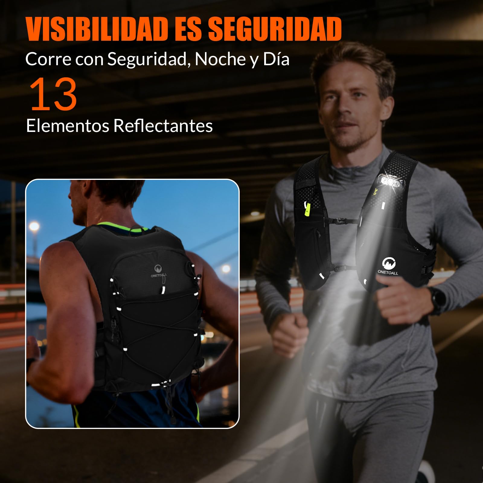 Chaleco Running Hombre Mujer con 2 Botella 500ml y Luz LED Recargable, Chaleco Hidratacion Trail Running, Mochila Hidratacion Running Vest Mochila Running para Correr Senderismo Montaña