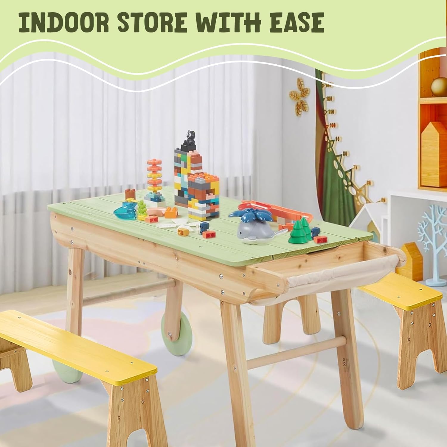 Giant bean 3 in 1 Kids Picnic Table, Indoor Outdoor Sand and Water Activity Table for Toddler Boys Girls, Convertible Sensory Toy w/Height Adjustable Umbrella & 2 Storage