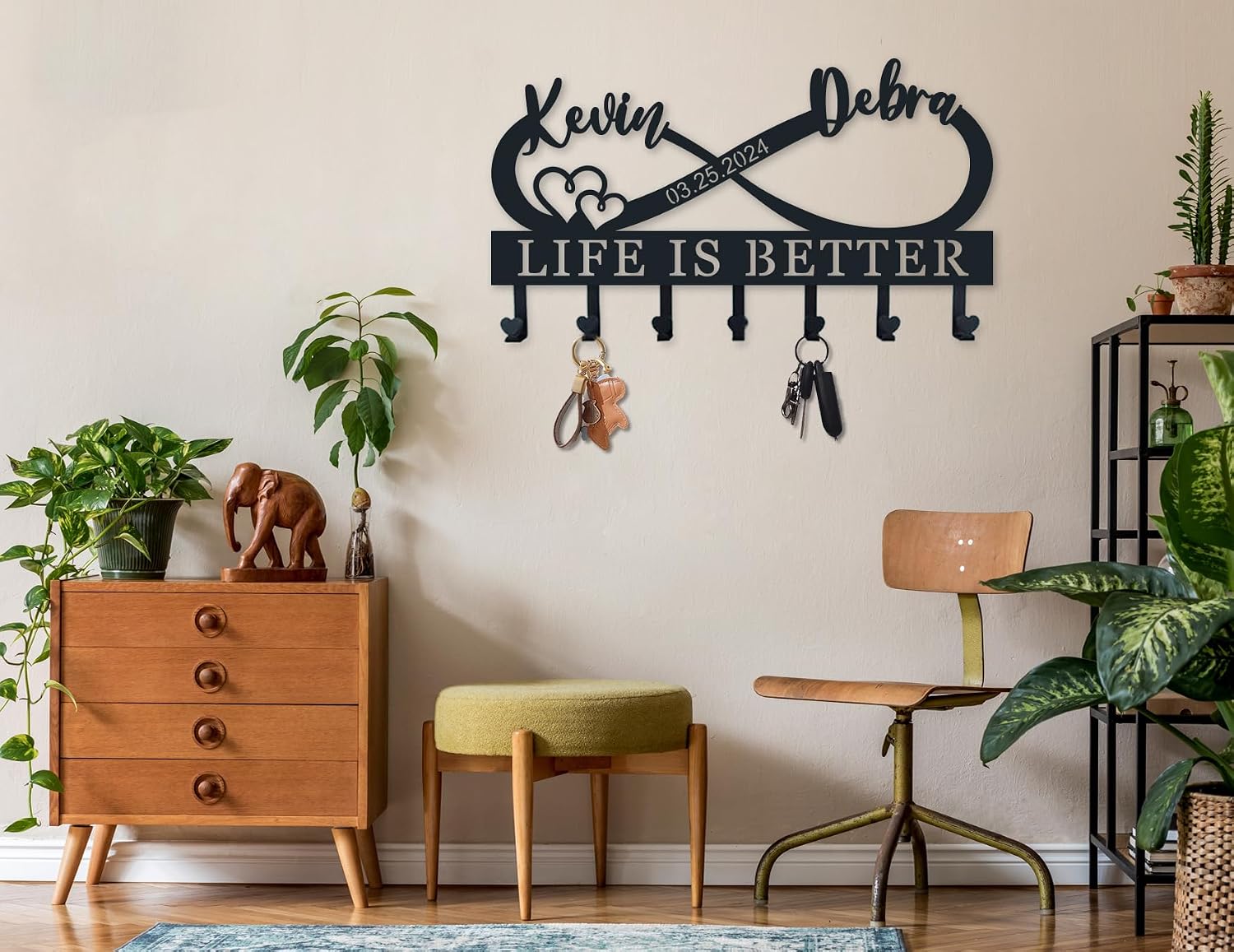 Personalized Name Sign Couple Names Coat Rack Hooks Sign, Custom Infinite Key Holder Metal Wall Art, Wall Mounted Hooks Signs, Custom Name Key Holder Decor, Metal Key Hanger Sign