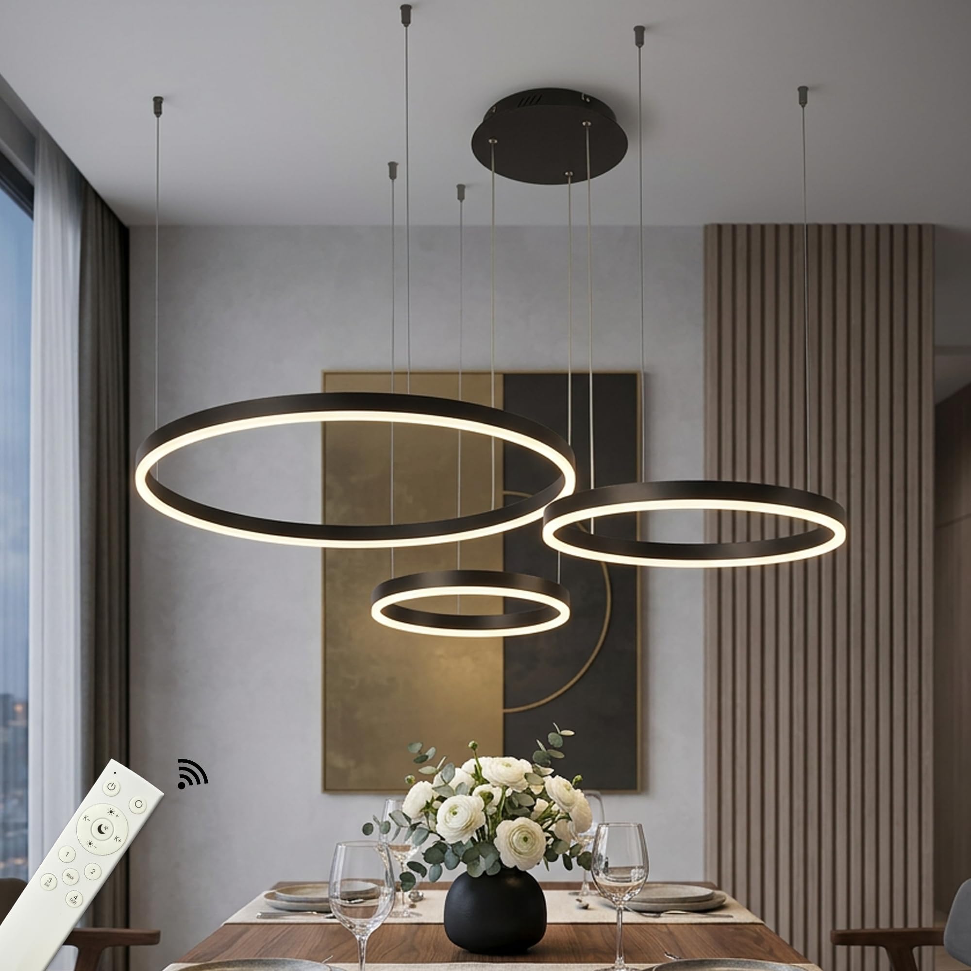 Moderne LED Pendelleuchte, 3 Ringe verstellbare Licht Pendelleuchte, moderner Deckenleuchter, dimmbar 2700 K - 6500 K, mit Fernbedienung 78 W