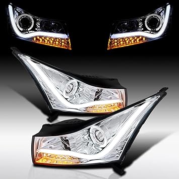 Autozensation Compatible with 2011-2015 Chevrolet Cruze 2016 Chevrolet Cruze Limited LED Light Strip Halo Chrome Housing Clear Lens Projector Headlights L + R Pair Headlamp