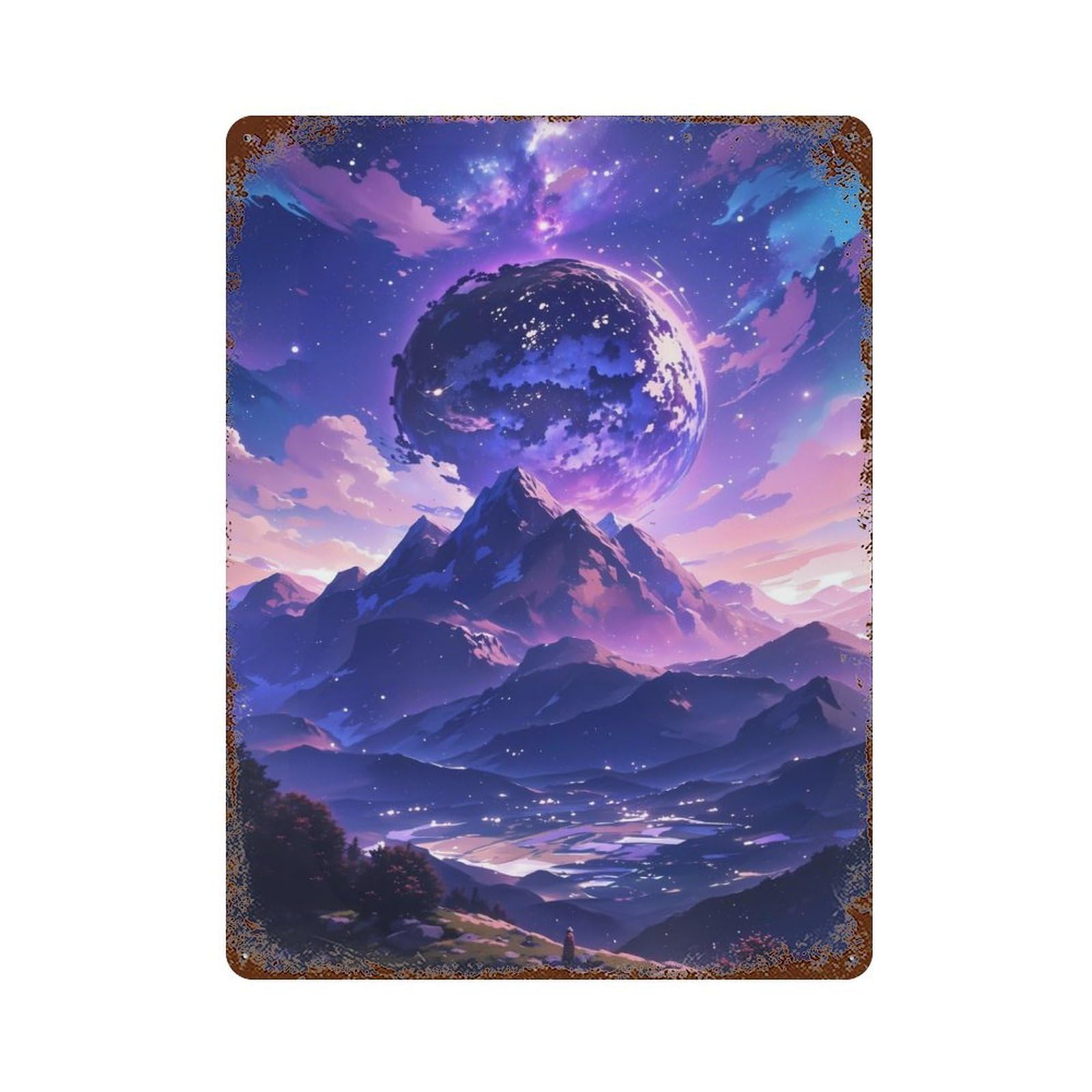 Rustic Tin Plaque with Anime Mountain Cosmos Design 15.7"x11.8", for Cafe, Home Bar And Lounge Decor, Industrial Home Decor