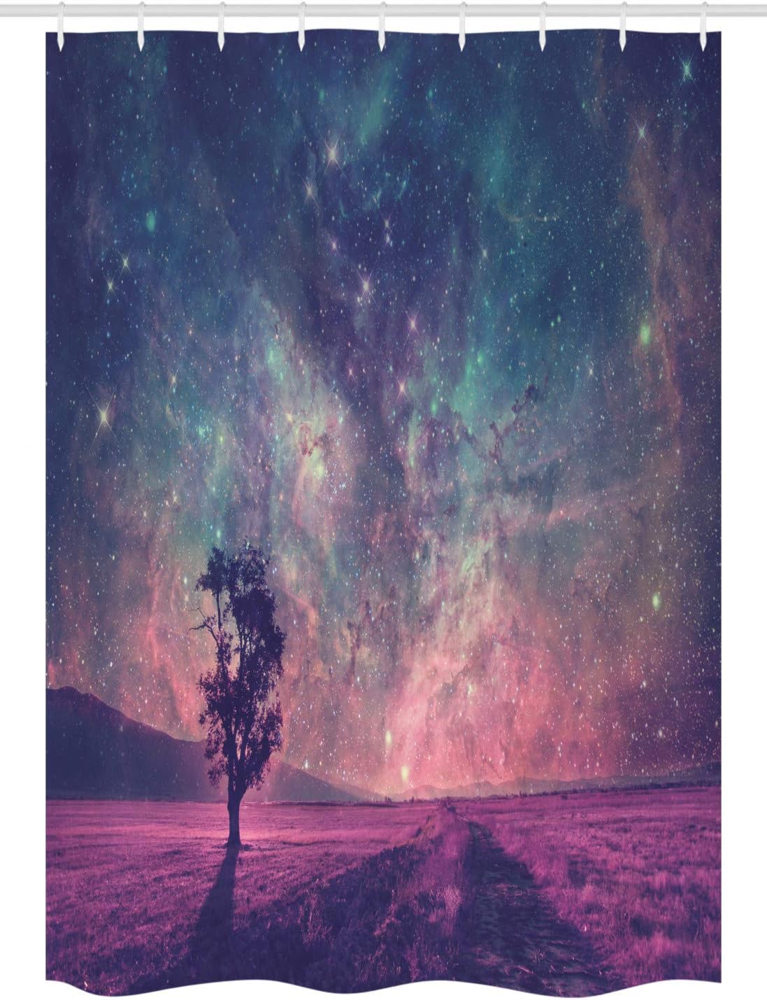 Ambesonne Galaxy Stall Shower Curtain, Lonely Tree Silhouette Space NASA Furnished Elements Art, Fabric Bathroom Decor Set with Hooks, 54" W x 78" L, Pink Coral Blue