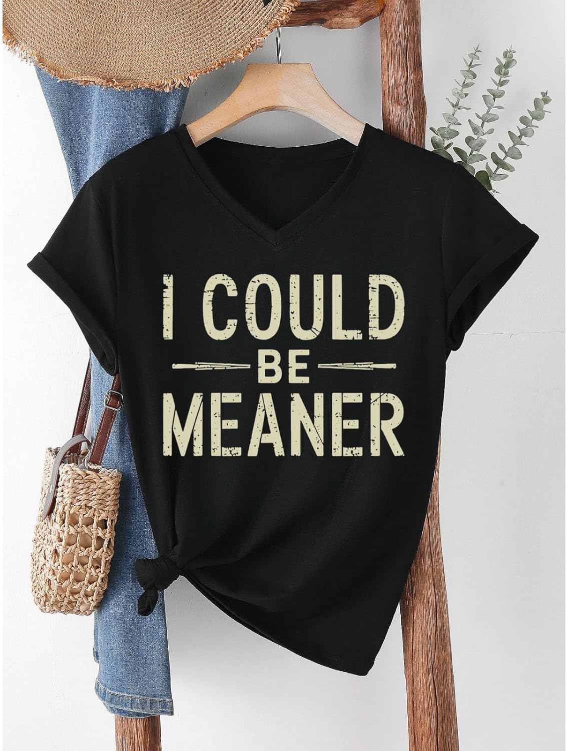 I Could Be Meaner T Shirt Womens Graphic T Shirts Vintage Funny Short Sleeve Tees Casual V Neck Summer Tops - Image 3