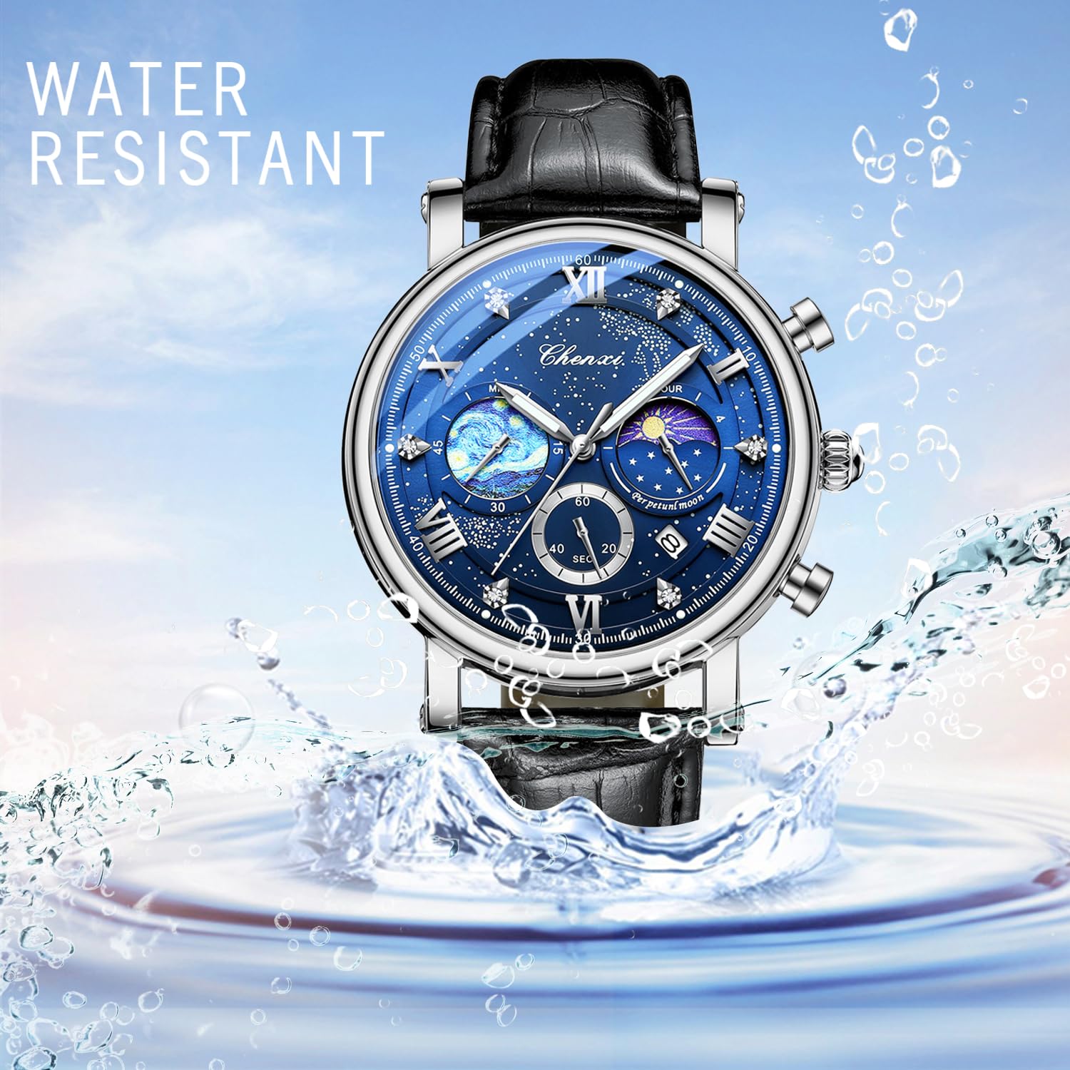 JewelryWe Orologio da Polso da Uomo in Pelle: Orologio da Polso Impermeabile Multifunzione Quadrante con Decorazione Notturna Van Gogh Starry Night con Cronografo e Calendario