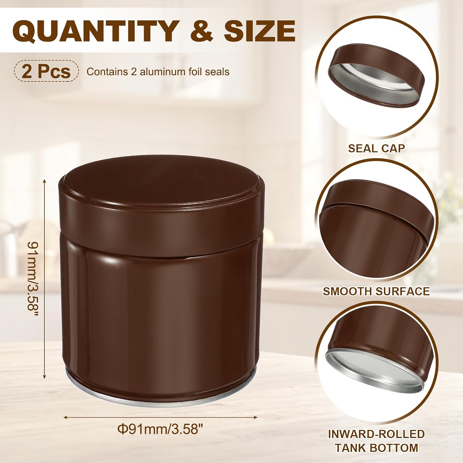 uxcell 2Pcs Round Tea Canisters, 4" x 4" Airtight Metal Tea Containers for Loose Tea, Coffee Beans, Spices - Durable, Compact, and Stylish Storage Tea Tin (Brown) image 2