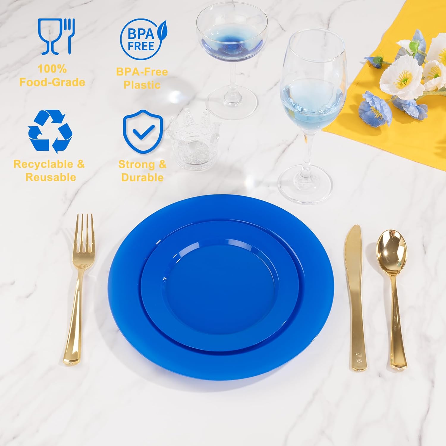 I00000 200 Pcs Plastic Plates, Plates Disposable Blue Party Plates Include 100 Blue Dinner Plate 10’’ and 100 Plastic Dessert Plate 7’’ Perfect for Wedding, Party