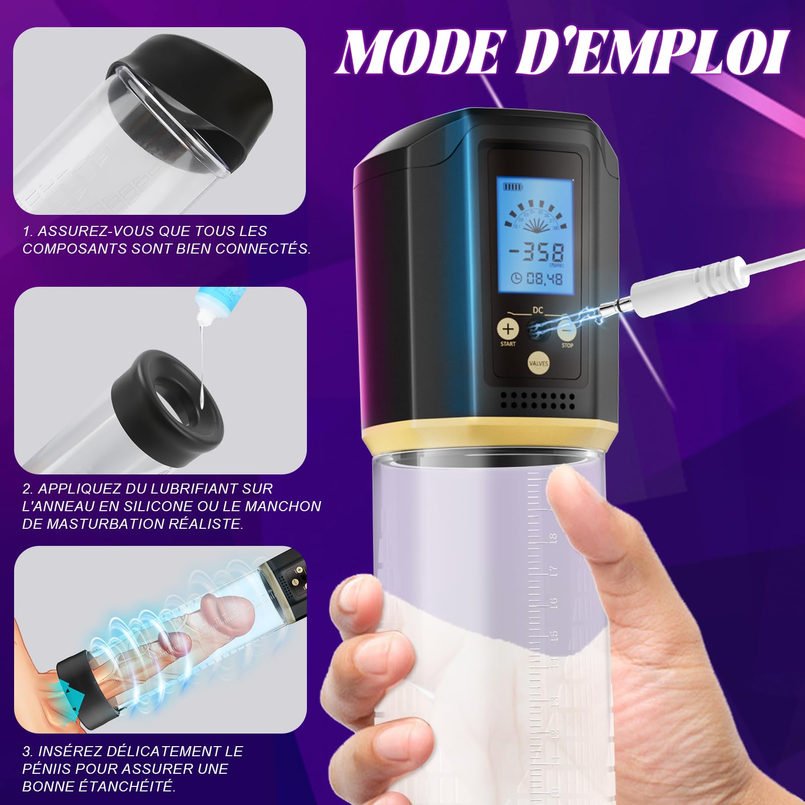 Pompe à Pénis Sex Toys Homme Masturbeuse, Jouet Adulte pompe à vide électrique pour pénis avec 8 modes de succion pour hommes le massage, Sextoy Pompe à Vide Extender avec 3 anneaux en silicone