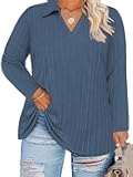 Womens-Plus-Size-Tops-2025 Polo V Neck Shirts Lapel Collared Work Blouses Casual Long Sleeve Knit Tunics XL-5XL