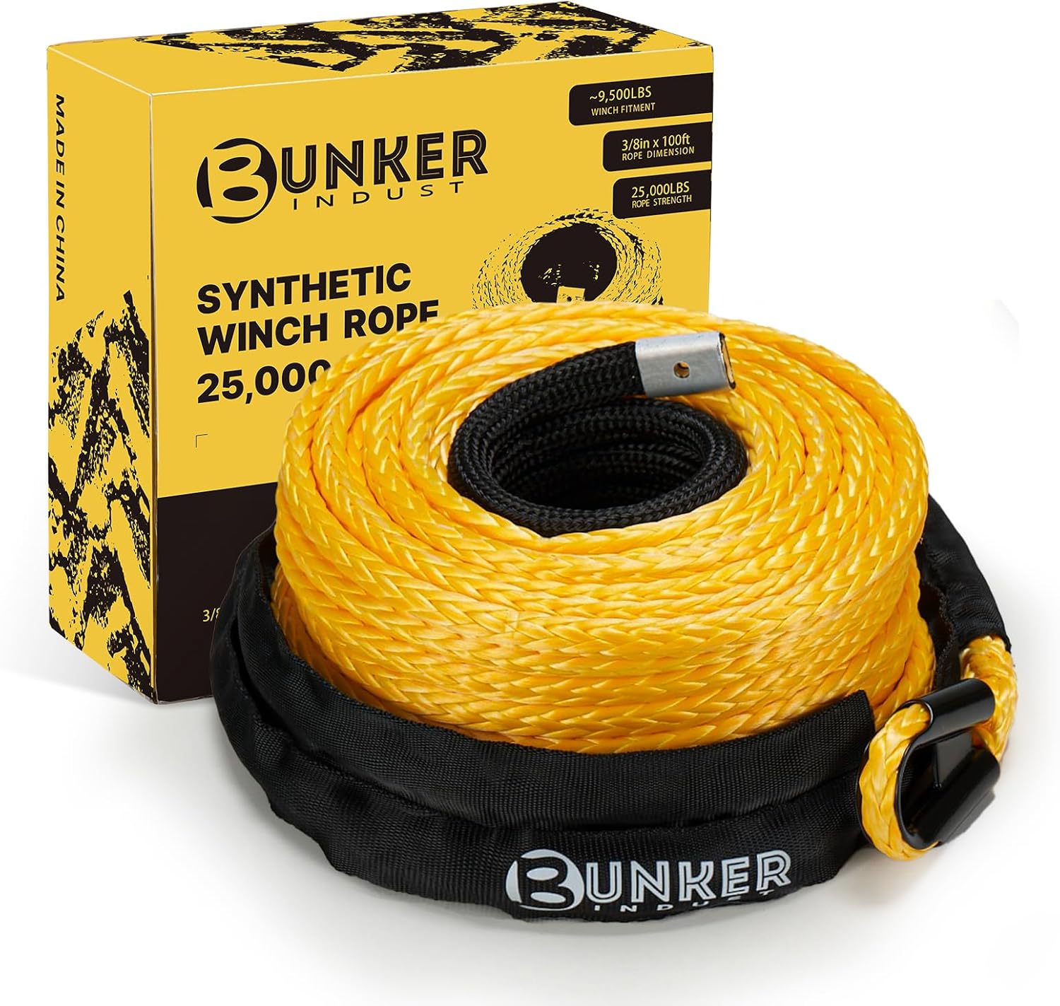 BUNKER INDUST 3/8" x 100' Synthetic Winch Rope,25000LBS Winch Cable with Protective Sleeve 100ft Winch Line Replacement for Off-Road Vehicle SUV Truck, Yellow