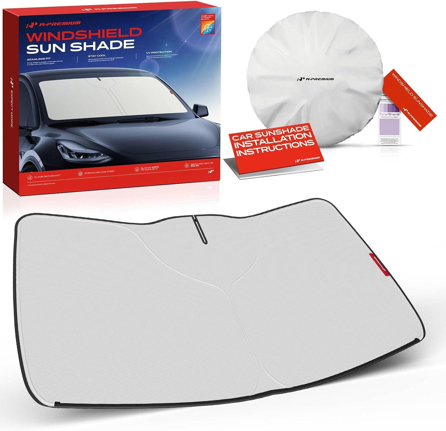 A-Premium Windshield Sun Shade, Foldable Car Sun Shade Heat & UV Block