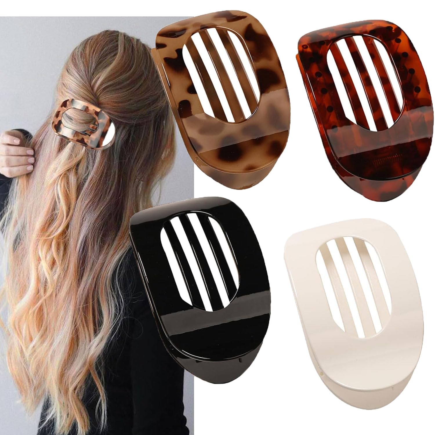 4 PCS Flat Hair Clips for Women Curved Design, Strong Hold for Thin Thick Hair Hair Accessories for Women and Girls (Leopard)
