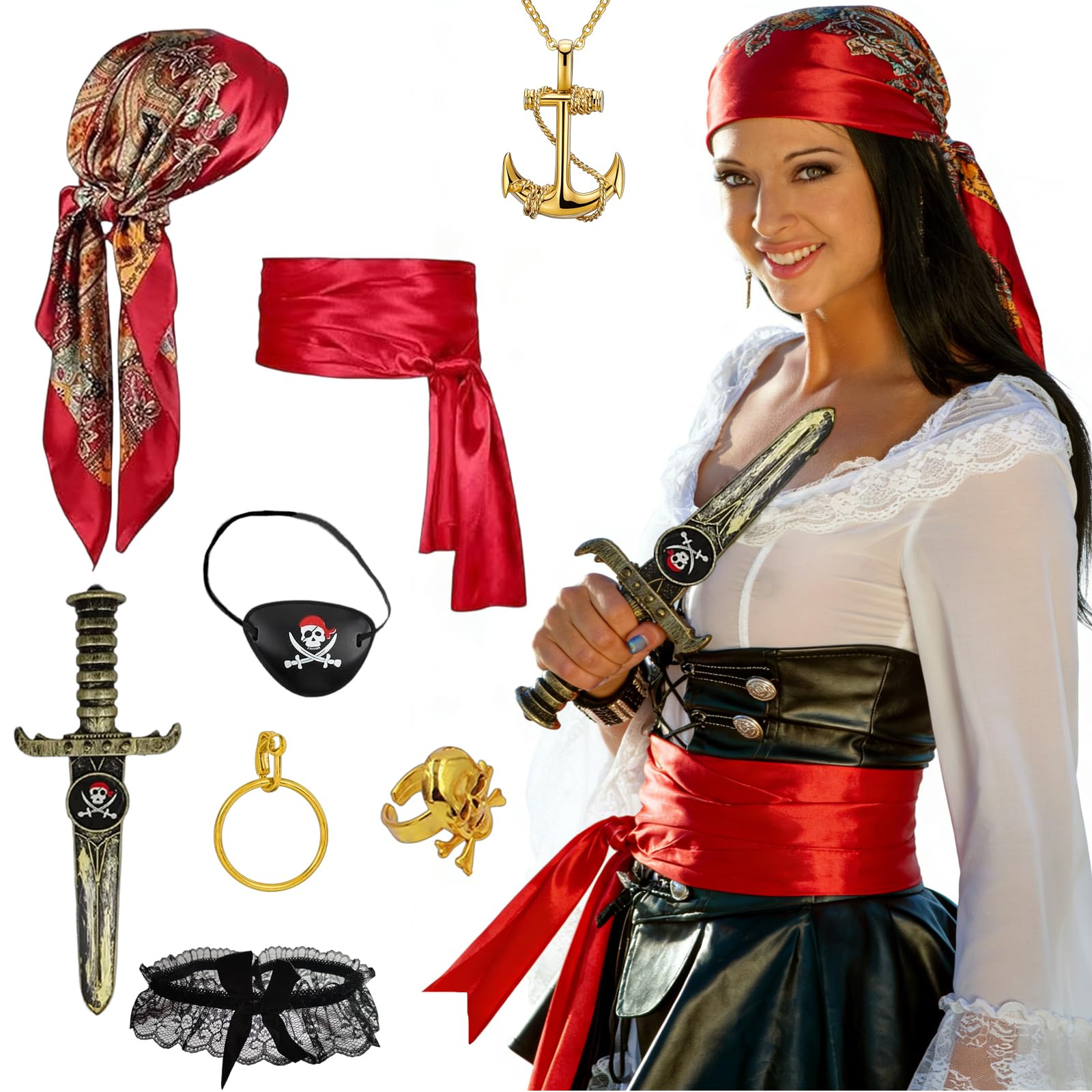 Halloween Femme Lot 9 Accessoires Costume Pirate Femme – Foulard, Ceinture, Cache-Œil, Boucles, Chaîne – Idéal Halloween & Carnaval Halloween Femme Lot 9 Accessoires Costume Pirate Femme – Foulard, Ceinture, Cache-Œil, Boucles, Chaîne – Idéal Halloween & Carnaval