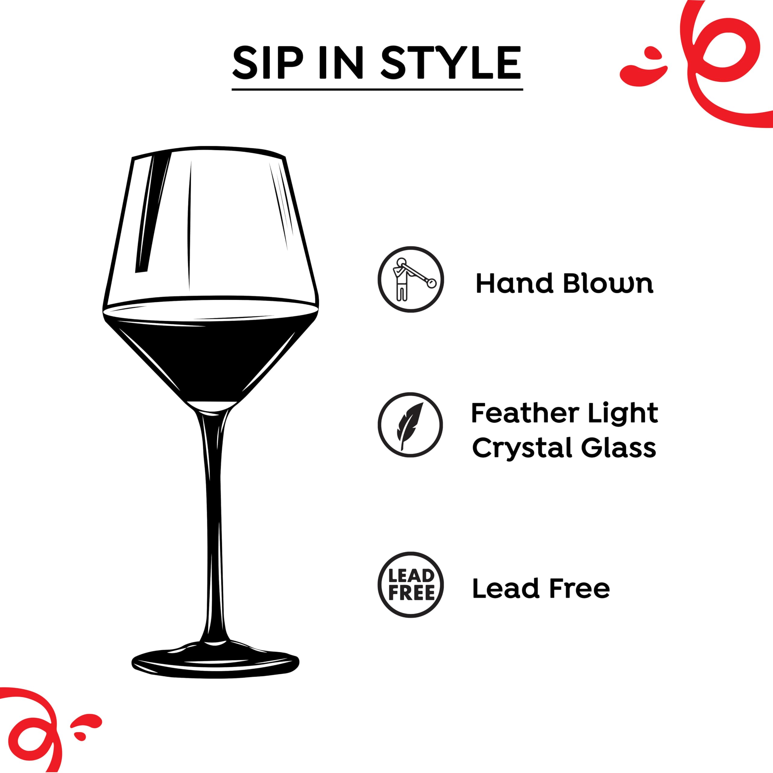 Sipologie Beaujolais Wine Glass Set of 2- Hand Blown Lead-Free Crystal Glass, Ultra Thin Rim, Long Stem | Perfect for Red Wine - Modern Design 480 ml Red Wine Glasses Set of 2 2