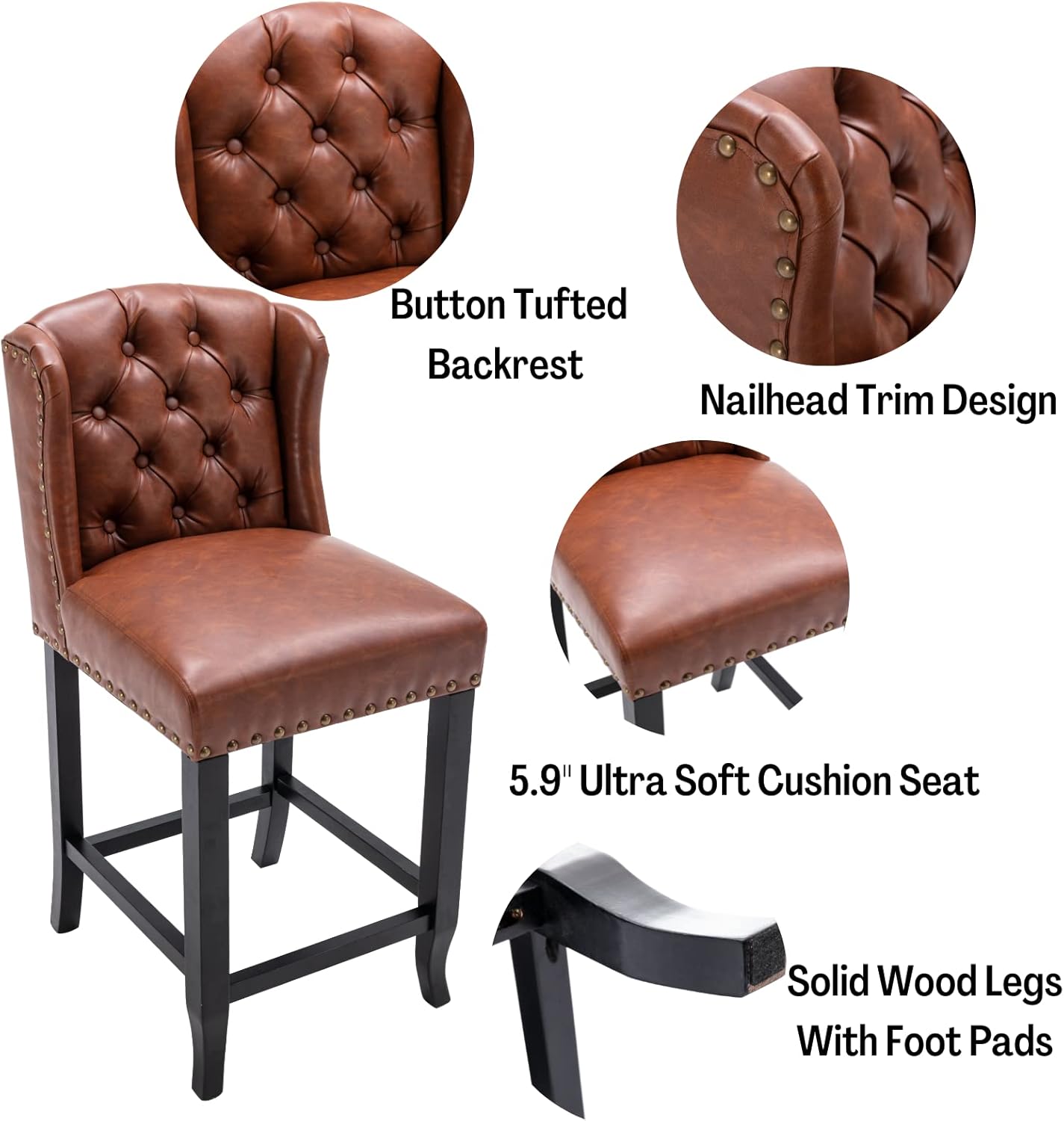 Brown PU Upholstered 26" Tufted Bar Stools with Nailhead Trim