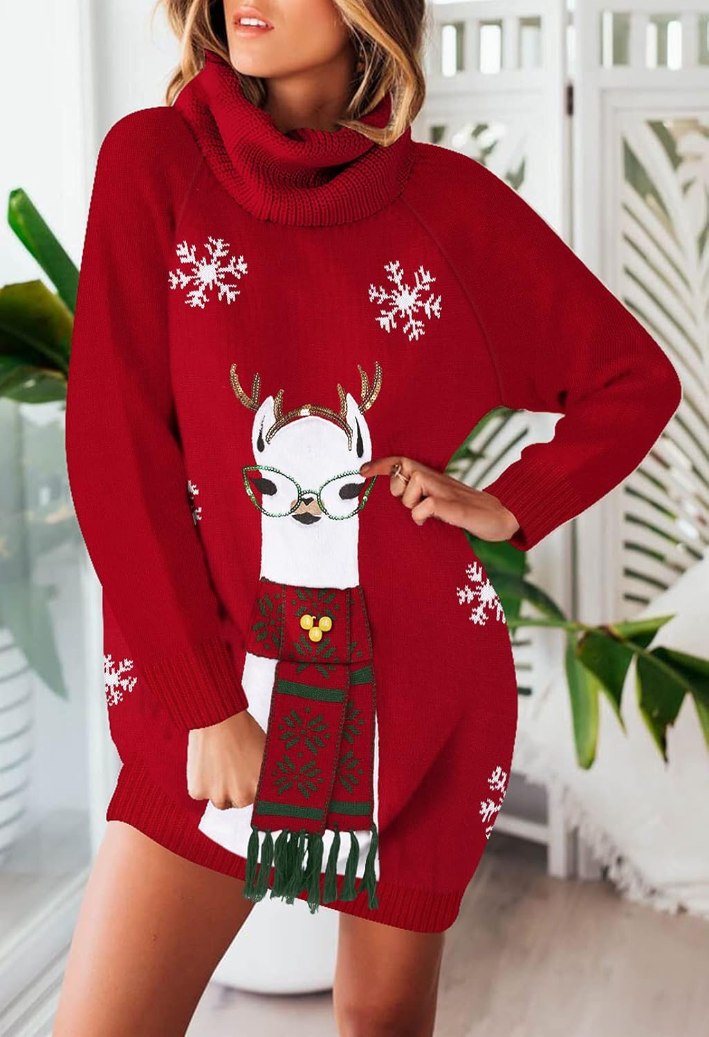 Pink Queen Ugly Christmas Sweater Dresses for Women Oversized Turtleneck Pullover Holiday Dress with Pocket