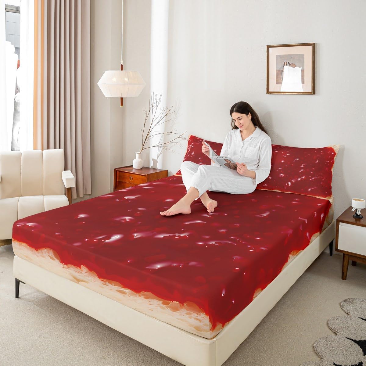 Toast with Strawberry Jam Bedding Set Full Size for Boys Girls, Toast Bread Bed Sheet Set Sweet Strawberry Fitted Sheet Realistic Food Bed Cover with 2 Pillow Case (No Flat Sheet)