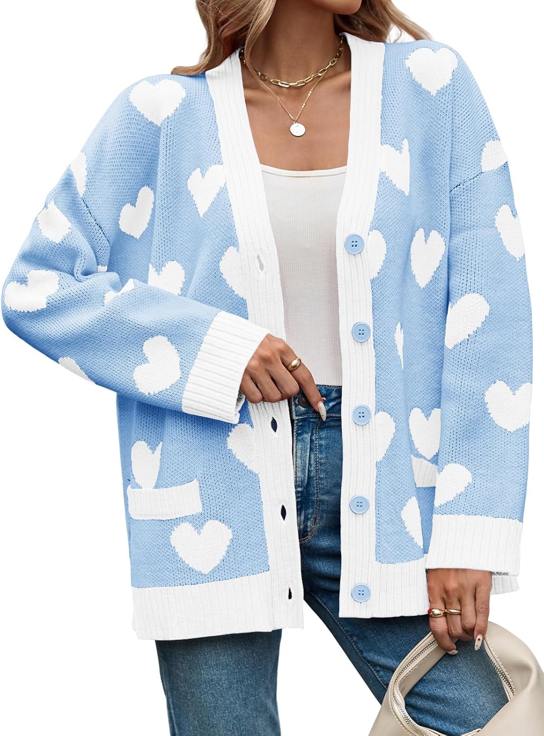 Saodimallsu Womens Oversized Heart Cardigan Color Block V Neck Button Long Sleeve Chunky Valentines Sweaters - Image 3