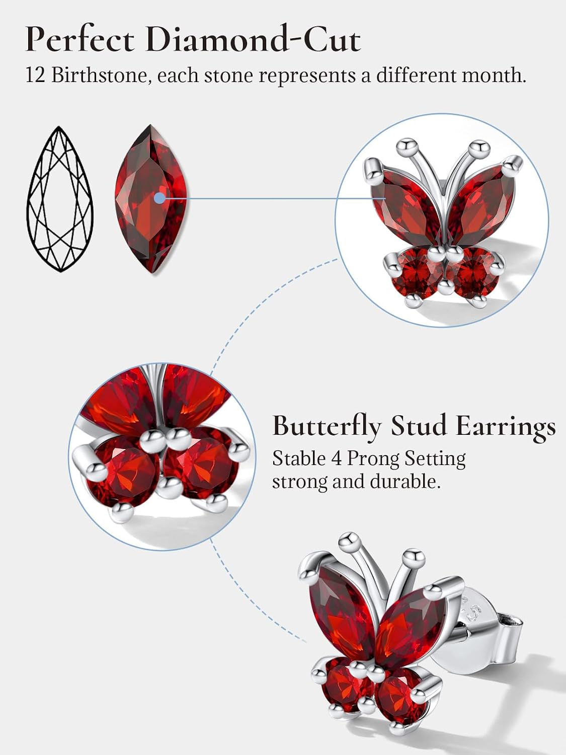 SILVERCUTE 925 Sterling Silver Butterfly Earrings for Women,Butterfly Birthstone Stud Earring/Ear Cuffs,Hypoallergenic Birthday Earrings for Women