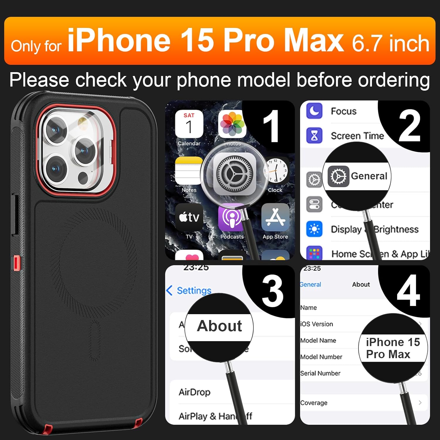 Follaroma for iPhone 15 Pro Max Case with Stand & Built-in Camera Cover, MagSafe Compatible, Heavy-Duty Shockproof Protection, Magnetic & Rugged Phone Cover for iPhone 15 Pro Max 6.7'', Black-red