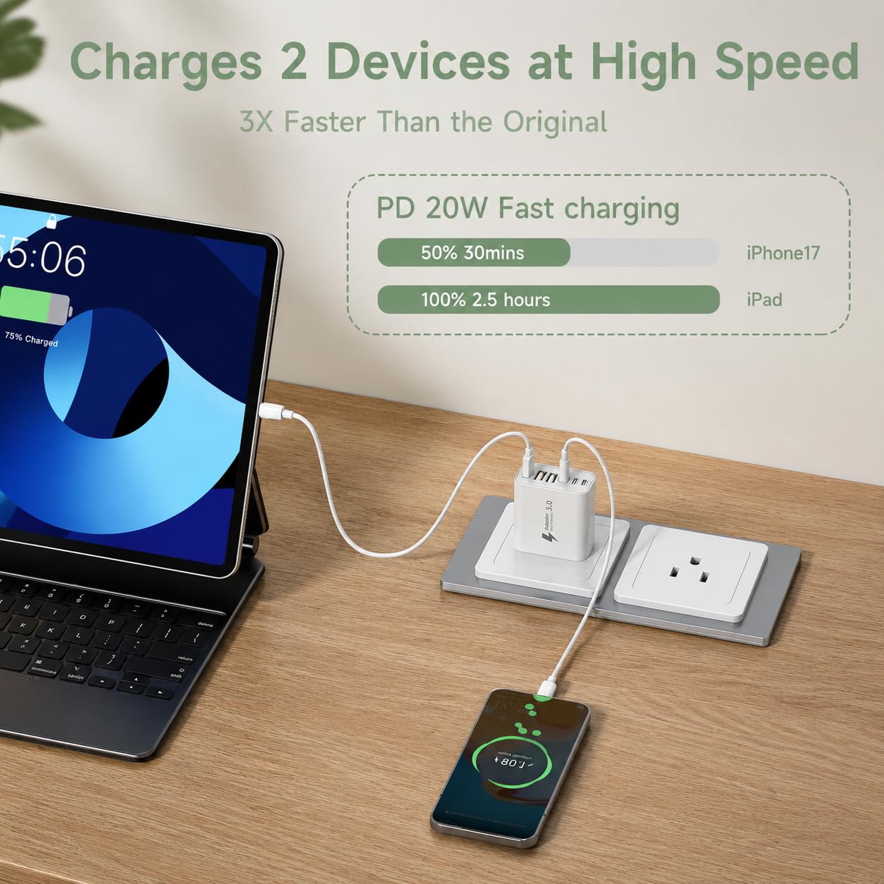 Szybka Ładowarka USB C 50W, Wieloportowy Zasilacz USB C z 5 Portami, Ładowarka Sieciowa Kostka Wtyczka USB Typ C do iPhone 17 16 15 14 13 12 11 Pro Max, Samsung Galaxy S26 S25